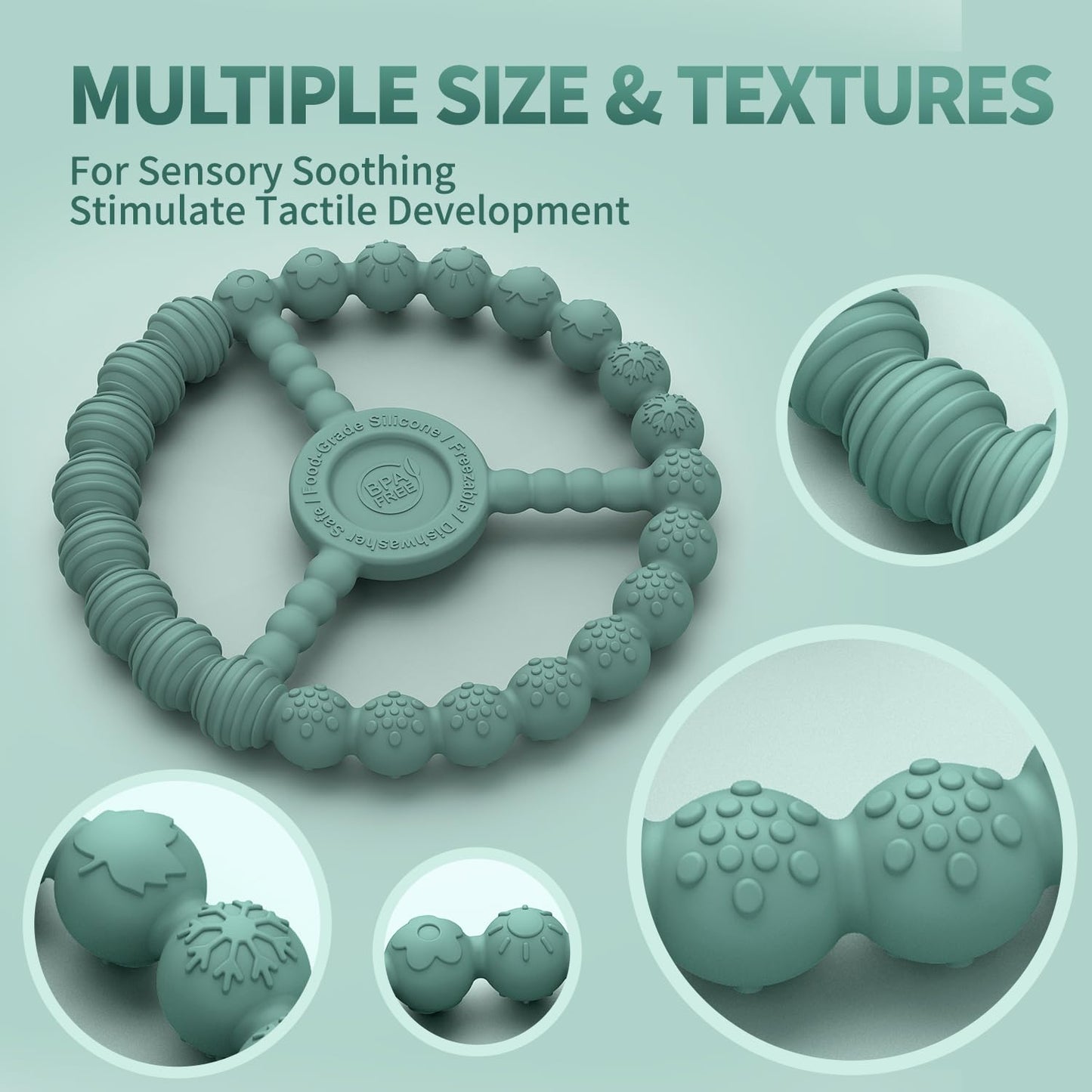 3 Pack Baby Teething Toys 3-6 Months, Silicone Ring Teethers for Babies 6-12 Months, Freezer Safe Chew Toy with Textured Grip for Boys Girls Teething Relief, Infant Easter Gift (Mint Green Blue)