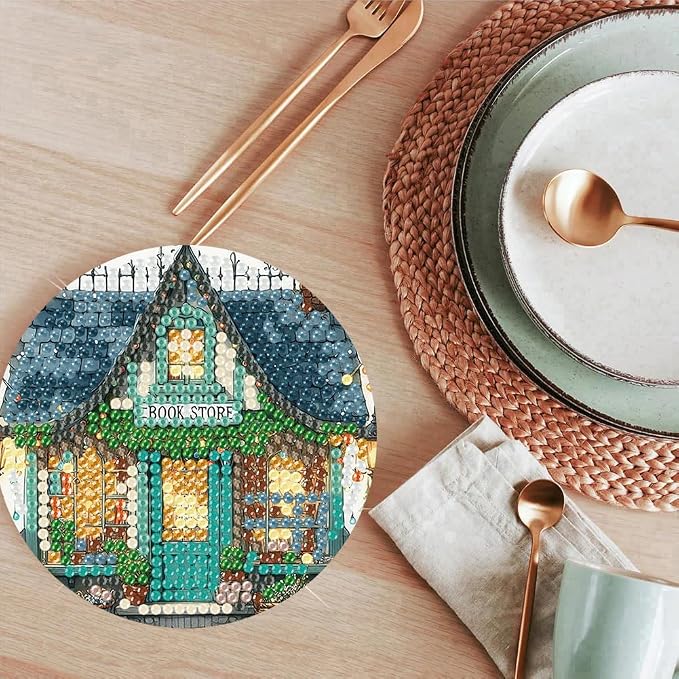 ijbnhd Diamond Art Coasters Kits, Book Store, 4x4 inch | Cork Wooden Pad