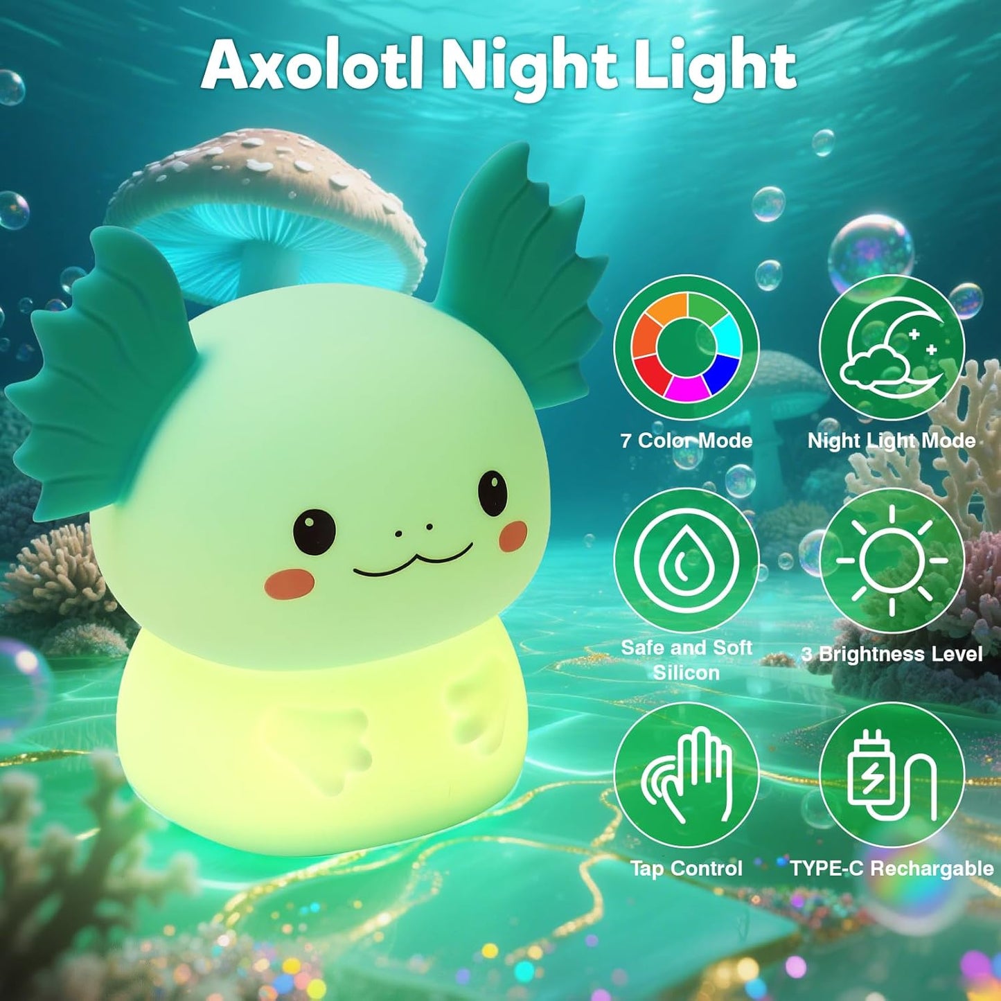 Axolotl Lamp, Axolotl Night Light, Eye-Caring Dimmable LED, Rechargeable Silicone Bedside Lamp, Night Lamp for Kids, Gifts for Boys and Girls, Funny Animal Light,Living Room,Kids Room&Girls Room Decor