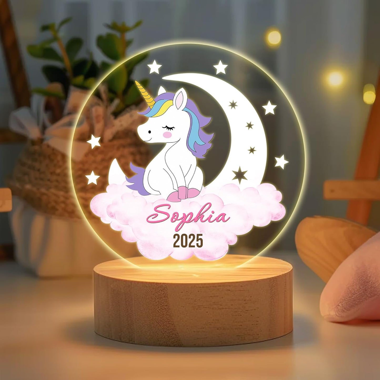 callie Acrylic Night Light Name Plate Personalized, Custom Cute Animal Dog Cat with Wooden Base Bedroom Decor, Birthday Gifts Kid Gifts for Family (Dreamy Moon Forest)