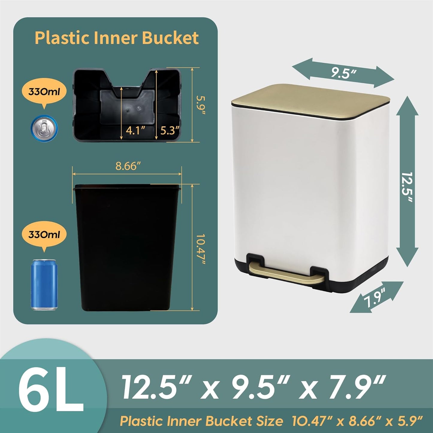 SunnyPoint 6 Liter(1.58 Gallon) Small Trash Can with Plastic Inner Buckets; Rectangle Bathroom, Office, Kitchen, and Bedroom Step On and Slow Close (WHT+Gold)