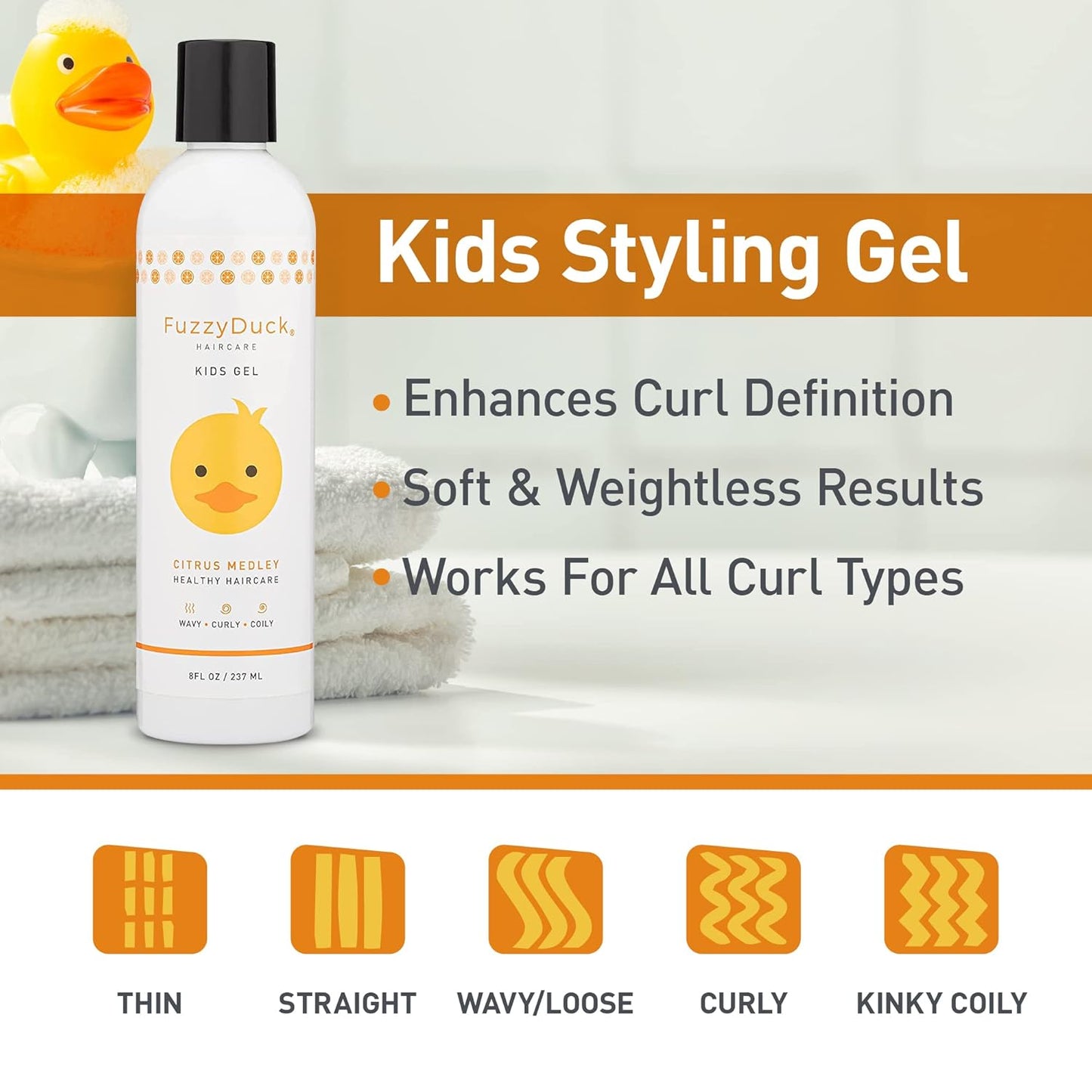 FuzzyDuck Kids Shampoo + Body Wash, Conditioner and Hair Gel Set (8oz each) for All Hair Types, Moisturizer with Aloe, Sea Botanicals & Honey to Reduce Frizz, Increase Moisture & Manageability for Smooth, Silky Hair - Citrus Medley