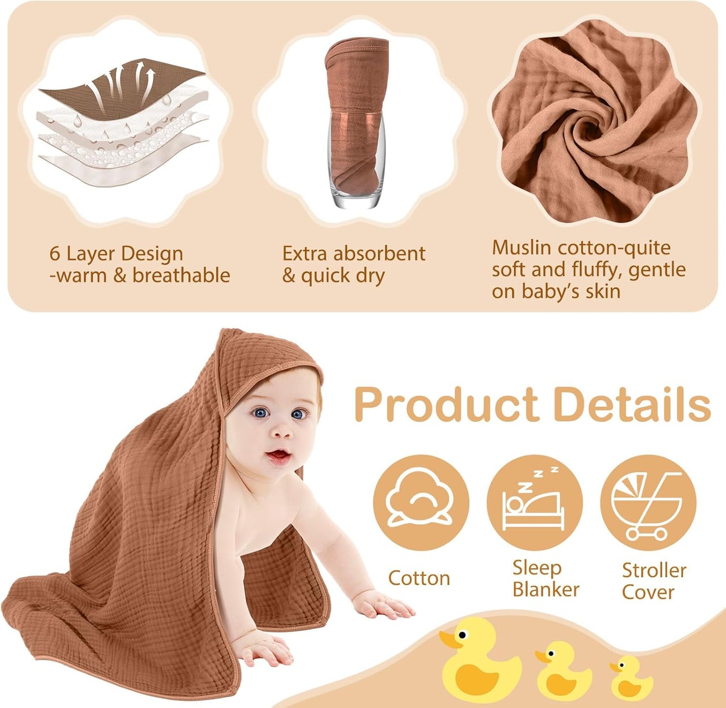 Peryiter 4 Pcs Muslin Hooded Baby Towels, 32"x 32" Cotton Newborn Bath Towel Muslin Infant Baby Blankets Absorbent Unisex Christmas Registry Gift Essentials for Girls Boys (Brown Series)