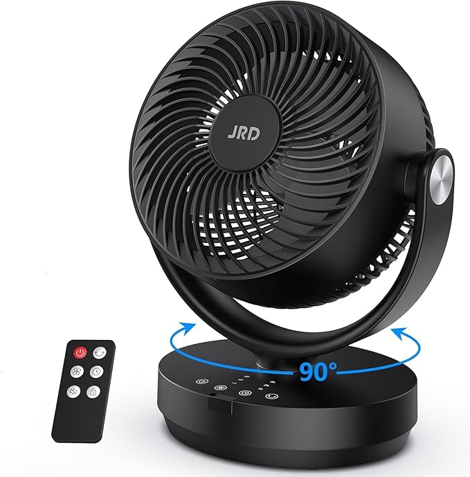 JRD Fans for Bedroom, 90° Oscillating Air Circulator Fan, 13 Inch Quiet Table Fan with Remote, 120° Adjustable Tilt, 3 Speeds, 7H Timer, Powerful Desk Fan for Whole Room Home Office Living Room
