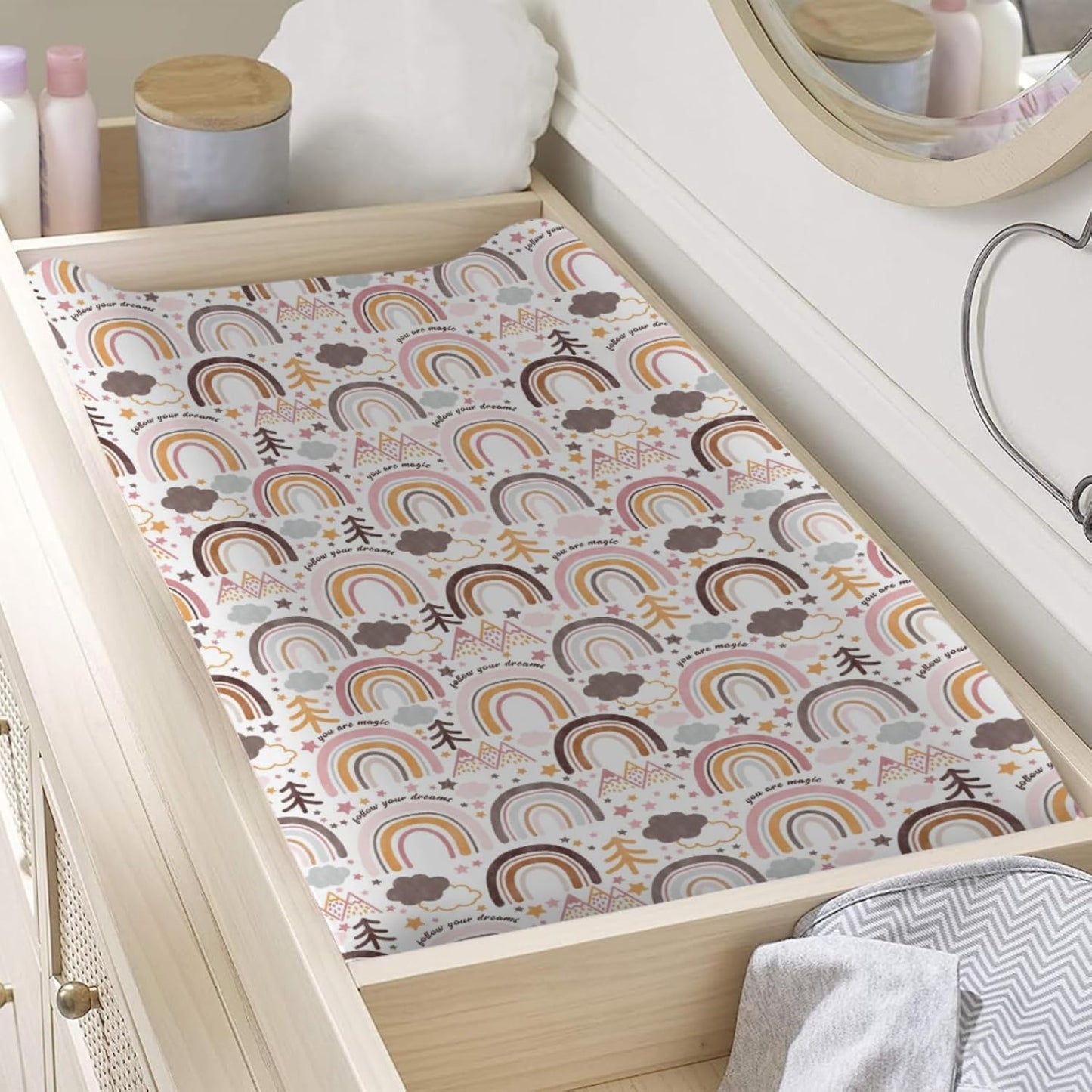 Colorful Boho Rainbow Changing Pad Covers Cute Rainbow Mountain Trees Clouds Stars Diaper Change Pad Sheets for Girls Boys Soft Breathable Stretchy Snug Fitted Changing Mat Cover 32''x16''