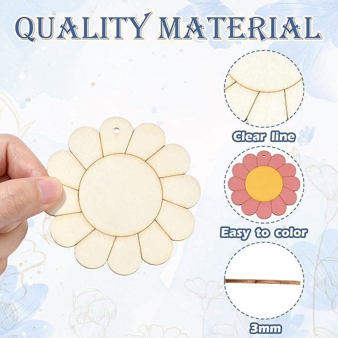60 pcs 6 Styles Spring Flower Theme Undyed Wood Cutout Charms Sunflower Cherry