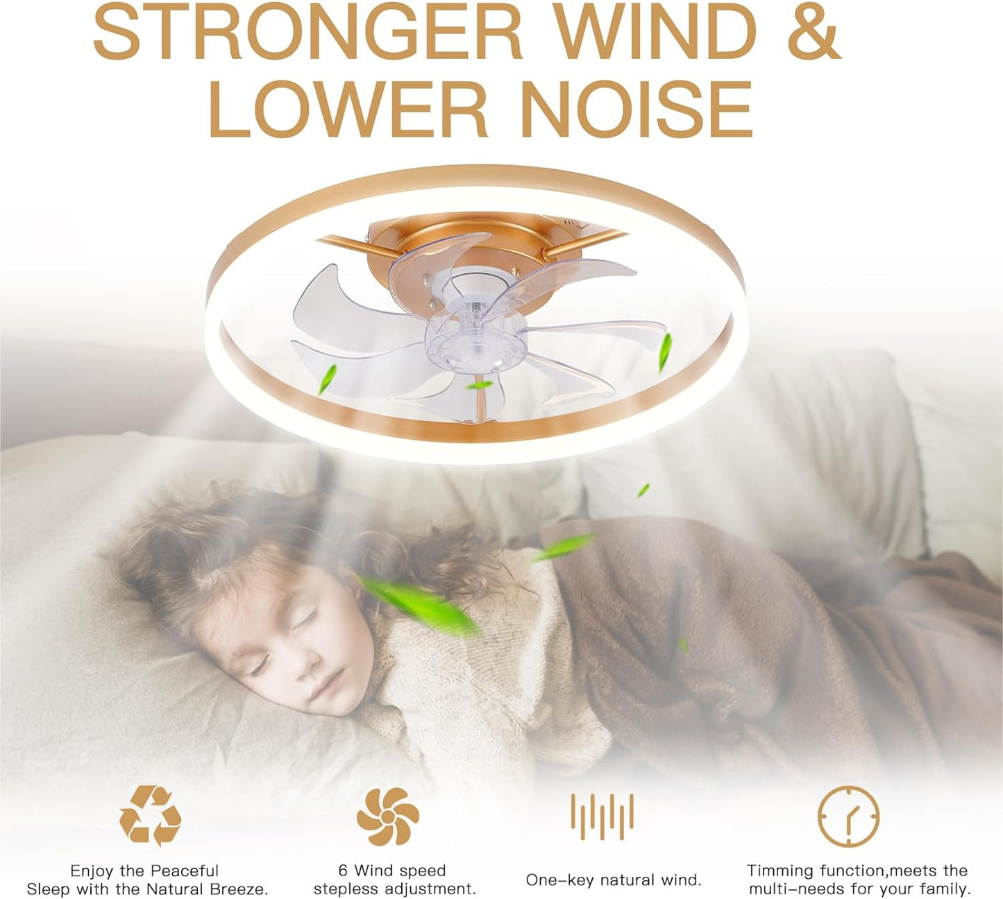 STERREN Modern Gold Ceiling Fans with Lights,20" Dimmable Flush Mount Low Profile Ceiling Fans with Remote Control,Indoor Smart Ceiling Fan with Light for Bedroom