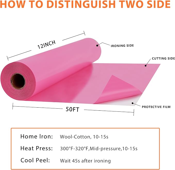 RENLITONG Pink Iron on Vinyl 12Inch by 50ft Roll Heat Transfer Vinyl