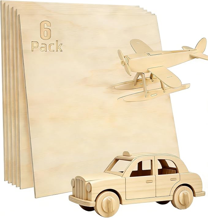 Basswood Plywood Sheets, 8 x 8 in, 1.5 mm, 6 Pack | Smooth unfinished wood