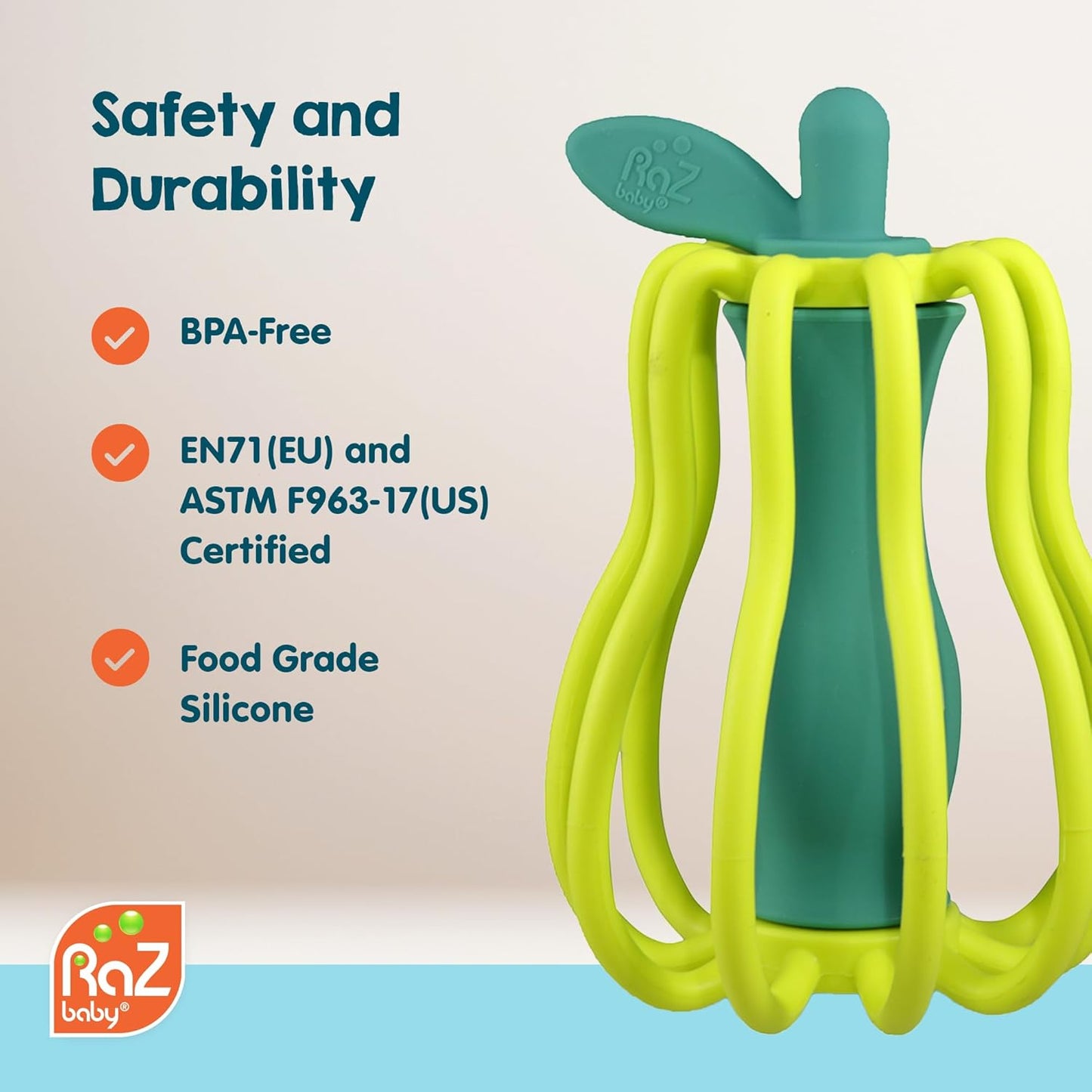 RaZbaby RaZ-Pear Silicone Teether & Rattle Toy – Soft, Flexible & Easy to Hold, Soothing Sounds for Entertainment, Textured for Teething Relief, Nipple-Shaped Stem for Comfort – BPA-Free, 3M+