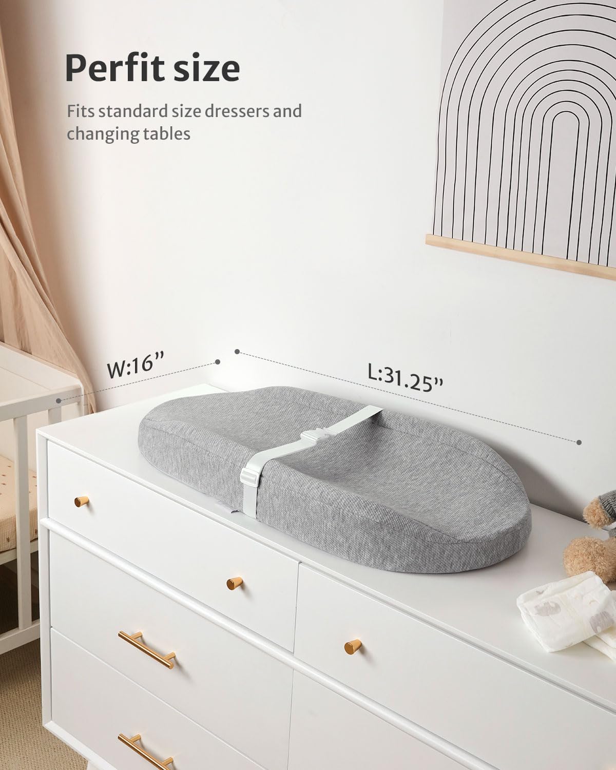 Blissful Diary Baby Changing Pad with Waterproof Lining Foam, Includes a Soft & Washable Cover, Contoured Changing Table Pads for Dresser Top with Non-Slip Bottom, 32”×16” (Grey, Avocado)