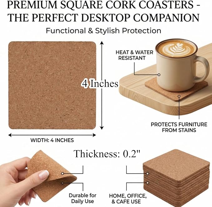Tebery 30 Pack 4 Inch Square Cork Coasters, 0.2'' Thick Absorbent Drink Pads