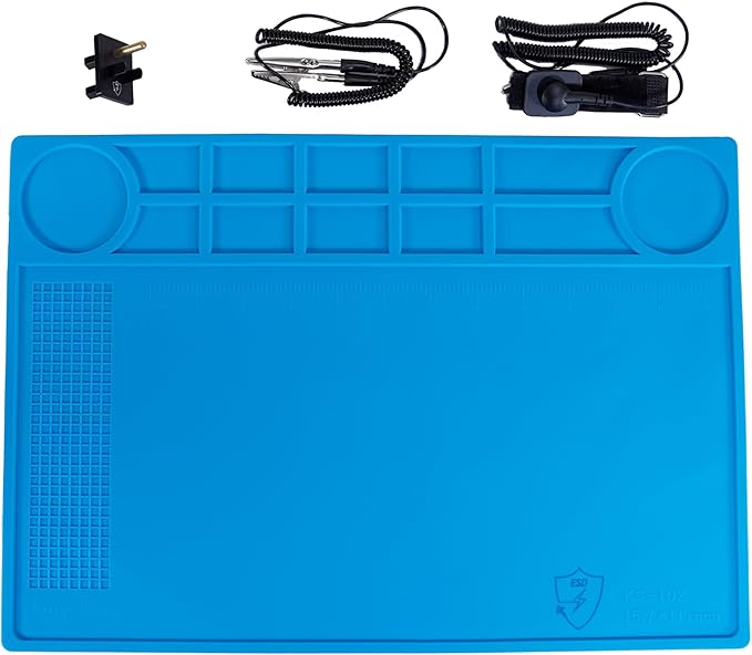 Kaisiking Anti-Static Mat Kit for Electronic - Anti Static Wrist Strap, Grounding Wire,Grounding Plug, ESD Pad 15.7'' x 11'' Heat Resistant Soldering Mat for Electronics Computer Repair
