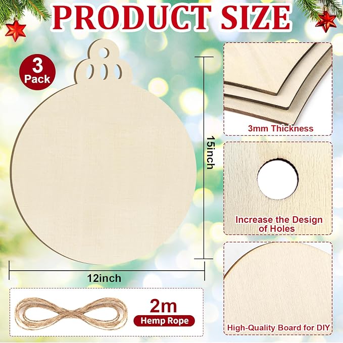 Large Size 12" Wooden Ball Ornaments to Paint, Wooden DIY Bell Blank Unfinished