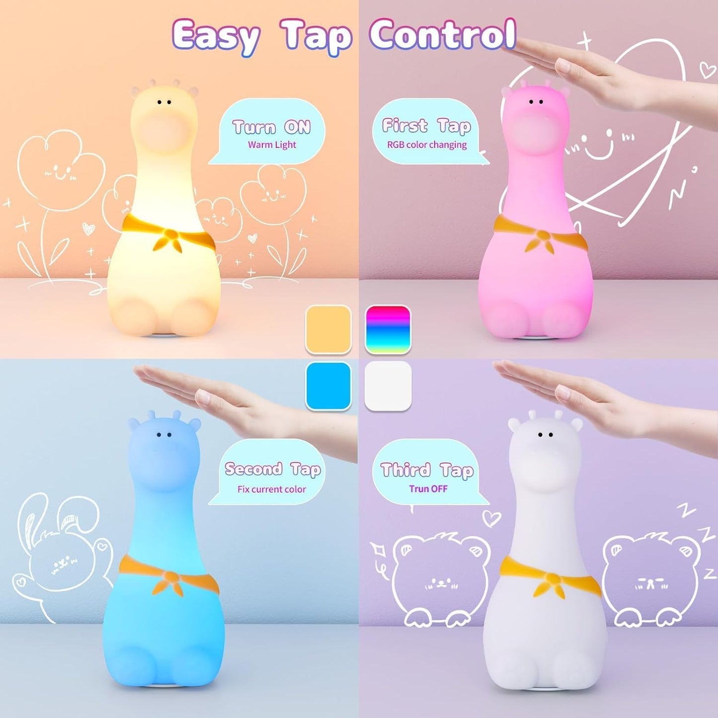 Silicone Night Light for Kids – Rechargeable Tap Control Lamp with 8 Colors, Cute Animal Design for Nursery, Toddler Room Decor, Gifts for Girls and Boys (Giraffe)