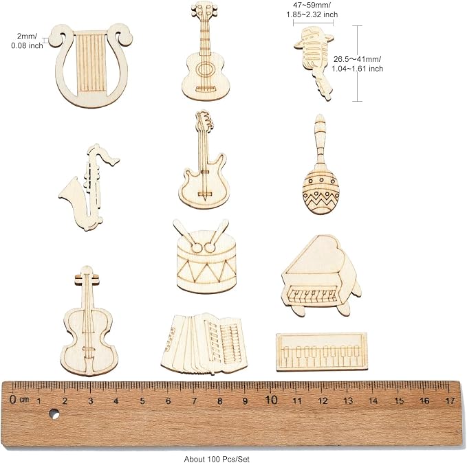 200 pcs Mixed Styles Instrument Theme Unfinished Wood Cutout Charms Music