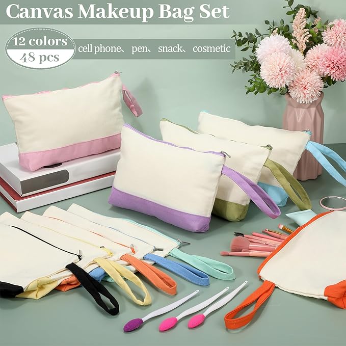 Silkfly 48 Pcs Cotton Canvas Makeup Bags Cosmetic Zipper Bags 10.2 x 5.5 x 2''