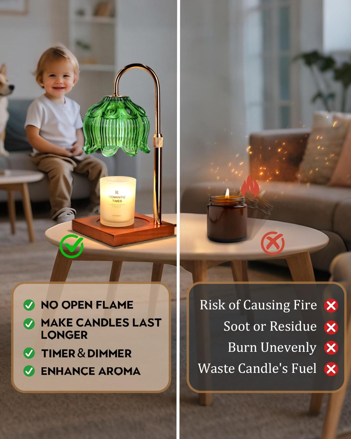 Green Candle Warmer Lamp with Timer & Dimmer, Candle Lamp Warmer Adjustable Height, Gifts for Women Mom Birthday Christmas, House Warming New Home Bedroom Decor,Lotus Flower Wax Warmer for Jar Candles