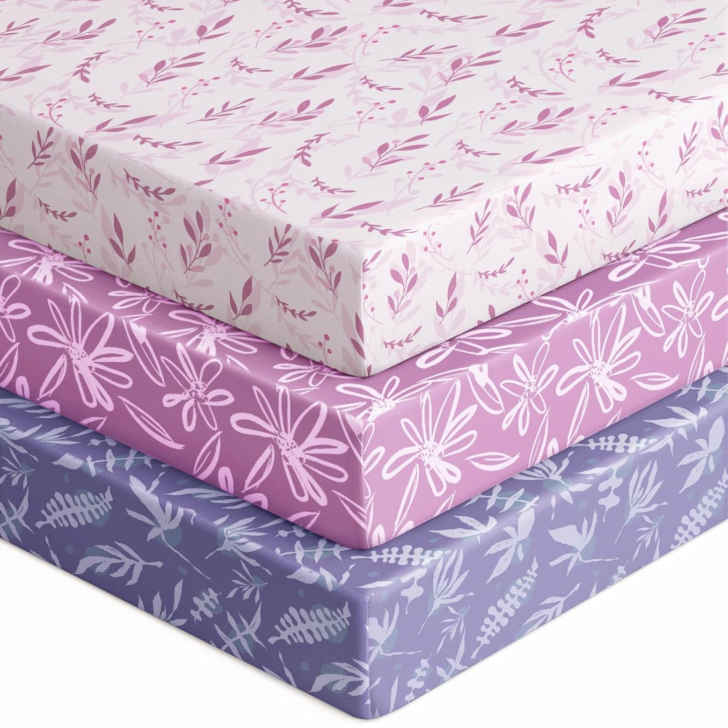 Baby Crib Sheets for Boys Girls, 28x52x8in Fitted Crib Sheet Neutral 3 Pack for Standard Crib and Toddler Mattress, Breathable Soft Microfiber Baby Sheet Purple Leaf