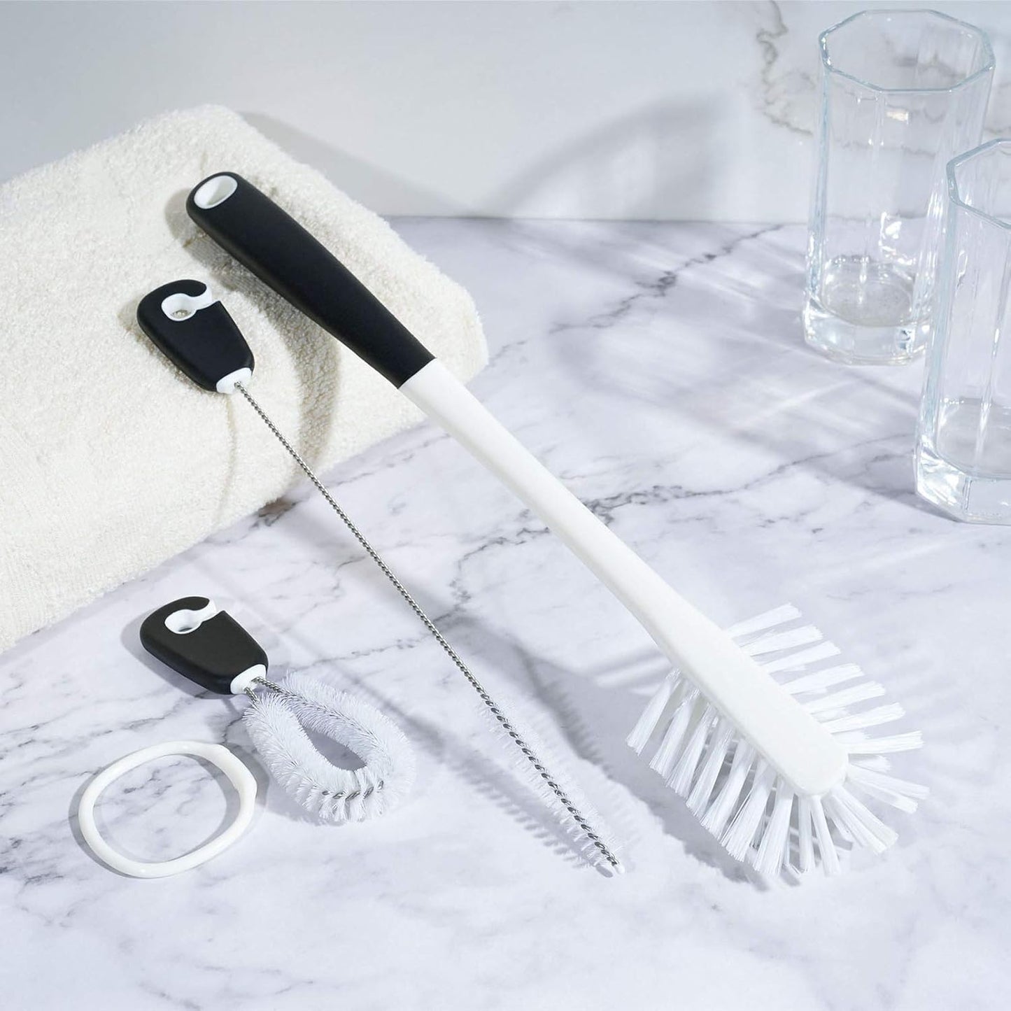 3-in-1 Water Bottle Cleaning Brush Set - Long Handle Scrubbing Brush for Tumbler, Straw, Baby Bottles, Drinking Glasses, White