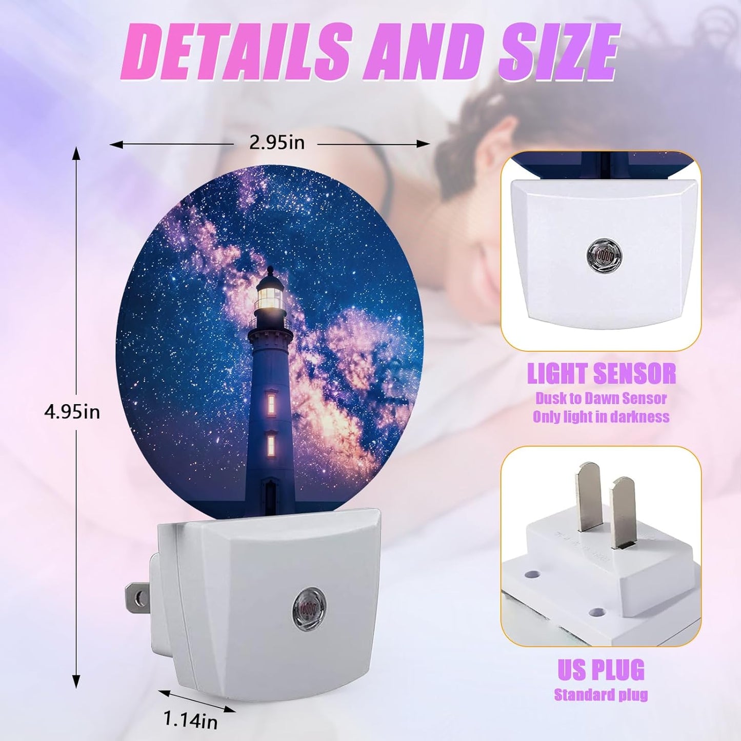 Nautical Lighthouse Night Light Starry Sky Night Lights LED Lamp Round Plug into Wall Nightlight with Dusk to Dawn Sensor Home Hallway Stairway Kitchen Decor