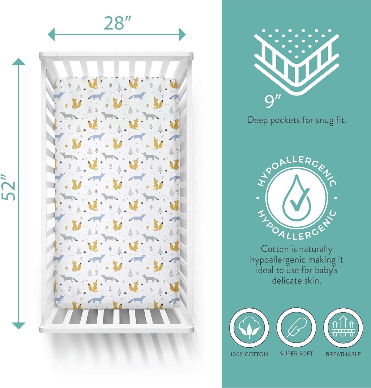Featherhead™ 2-Pack Fitted Crib Sheets - 100% Cotton - 52" x 28" x 9" for Standard Crib and Toddler Mattress (Jersey Blue Foxes)