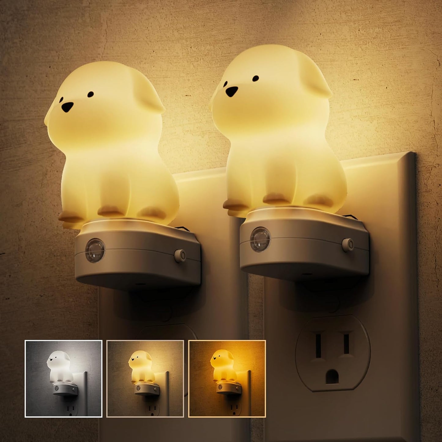 L LOHAS LED Plug in Night Light for Kids,2-Pack 3D Cute Puppy Night Lights with Dusk to Dawn Sensor,1600K/2700K/5000K 3CCT Dog Night Light,Christmas Birthday Gift Nightlight for Kids,Room Decor