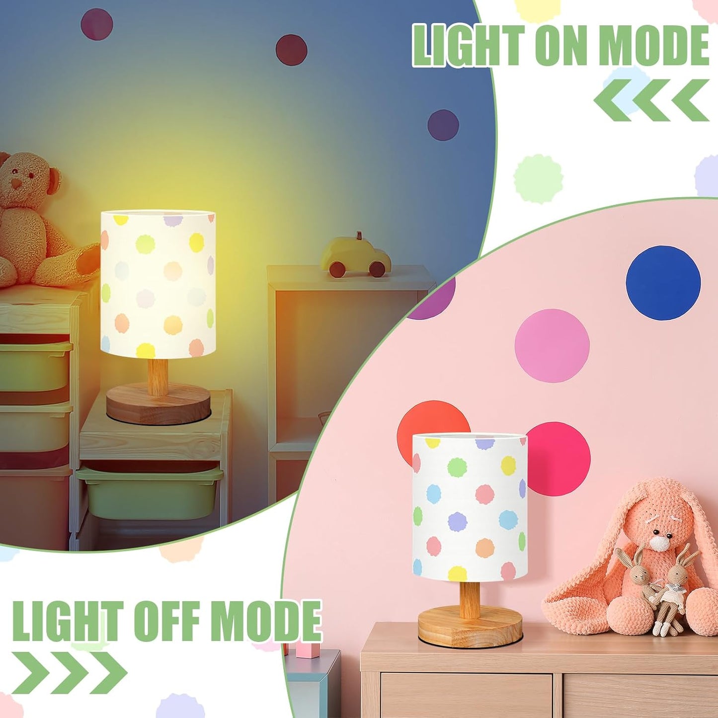 VIHOSE Polka Dot Kids Table Lamp for Bedroom Kids Bedside Lamp with Linen Wooden Nightstand Cartoon Nursery Lampshade for Girls Boys Living Room
