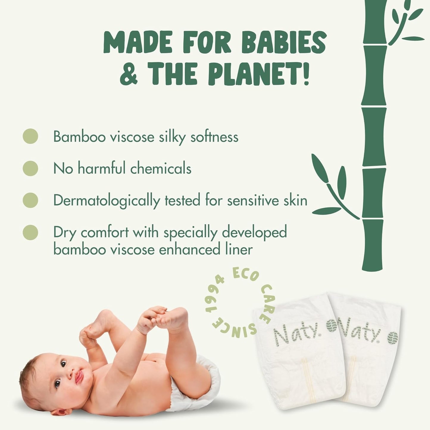 Naty Bamboo Viscose Baby Diapers – Silky Soft, Plant Based, Dermatologically Tested for Sensitive Skin & Super Absorbent (Size 1, 88 Count)