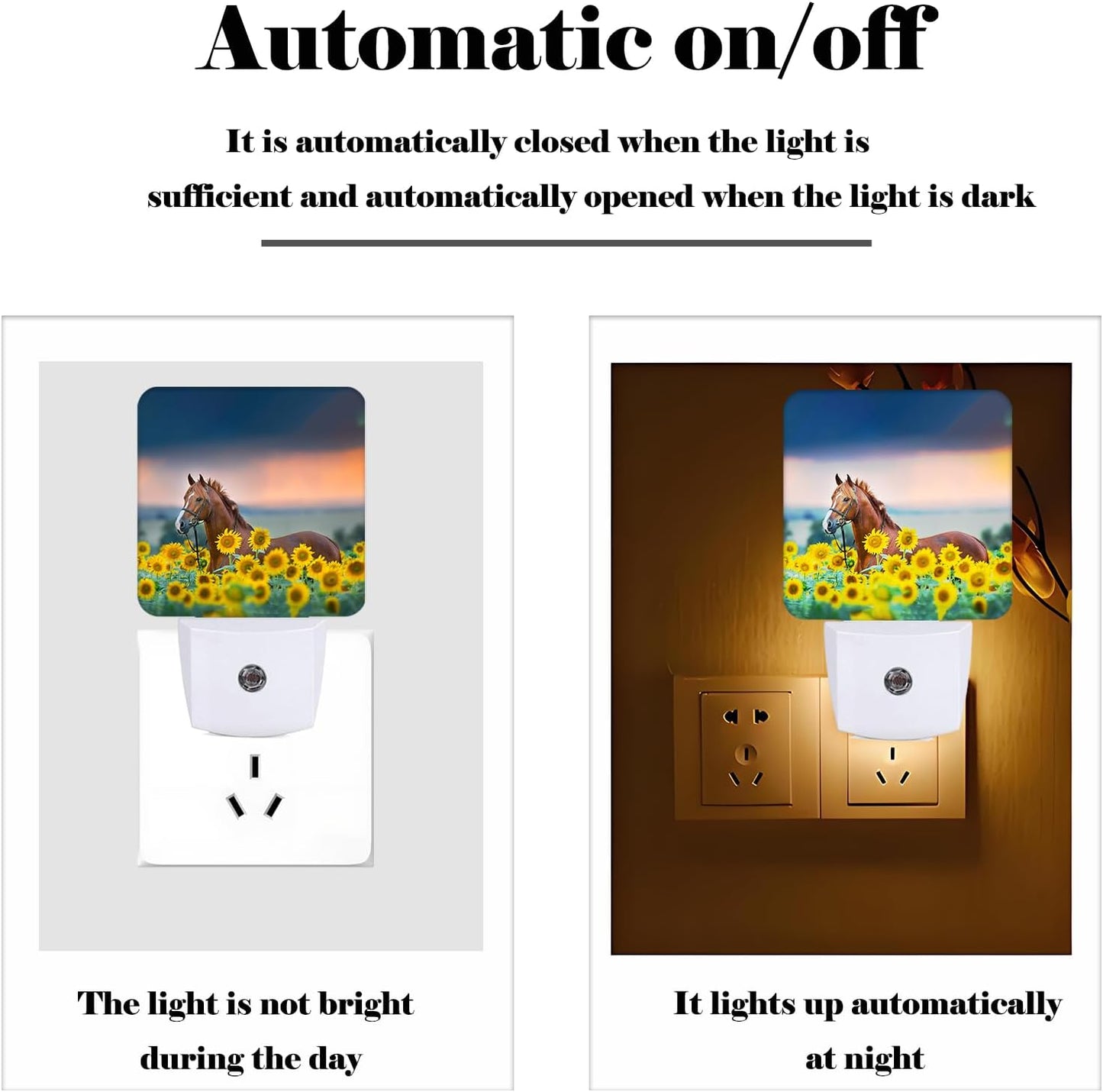Sunflower Farm Animal Horses Night Light,Plug Into Wall with Dusk to Dawn Light Sensors, Warm Nightlights for Bedroom, Bathroom, Hallway, Kitchen, Gifts Ideal for Boys Girls Women Men