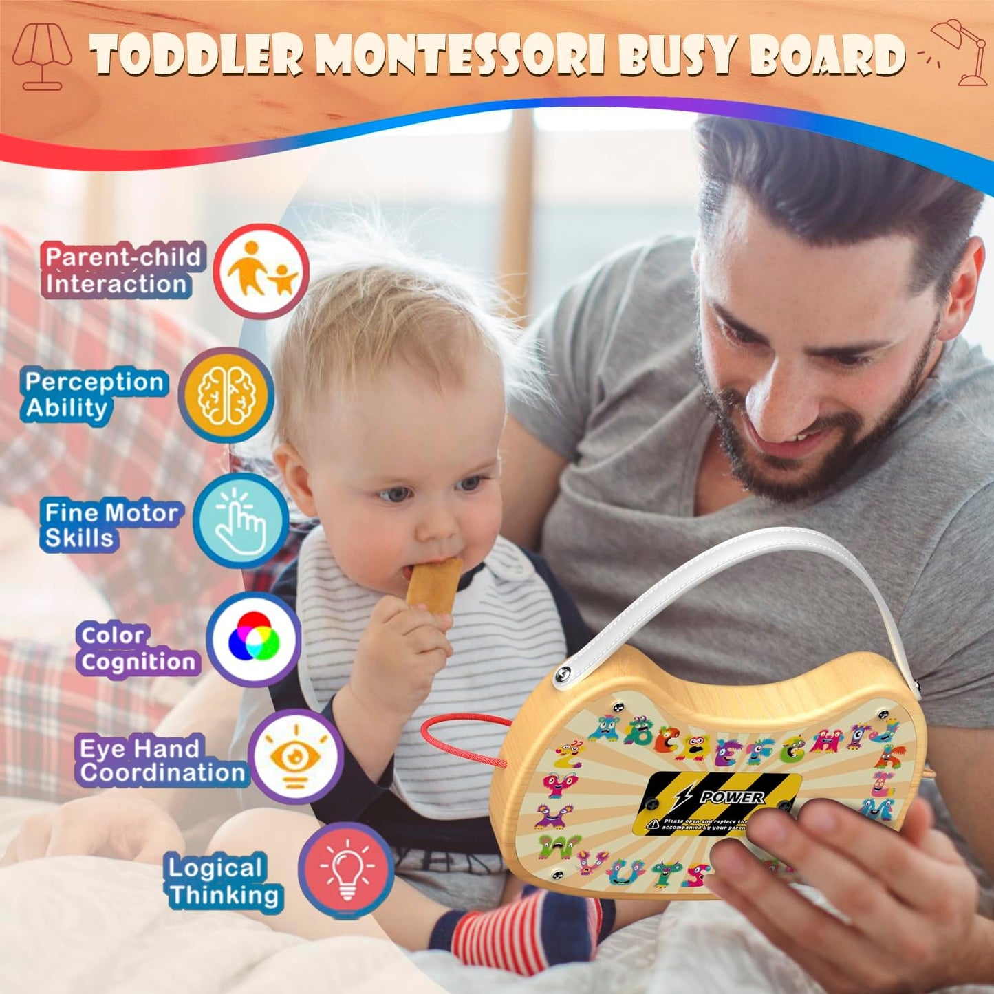 Toddler Busy Board with LED Light Up Switch, Wooden Montessori Busy Board for Todder 1-3, Travel Toys for Autistic Kids, Gift for 1 2 3 Year Old Baby Boys & Girls