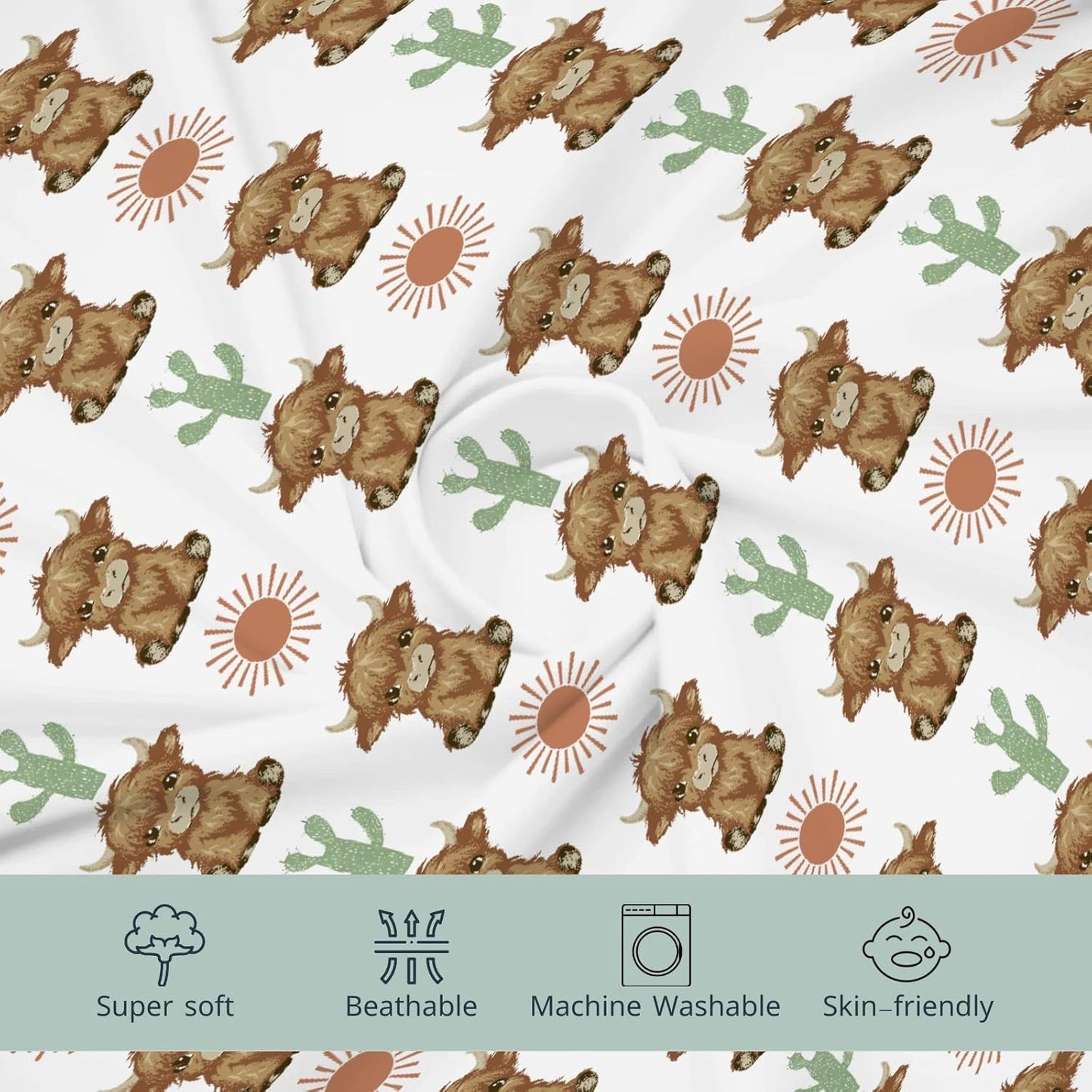 HawSkgFub Highland Cow Boho Cactus Sun Changing Pad Cover for Baby Girls Boys, Western Hyland Cattle Diaper Change Table Covers, Soft Stretchy Safe Snug Fitted Changing Mat Sheets Fit 32"/34" x 16"