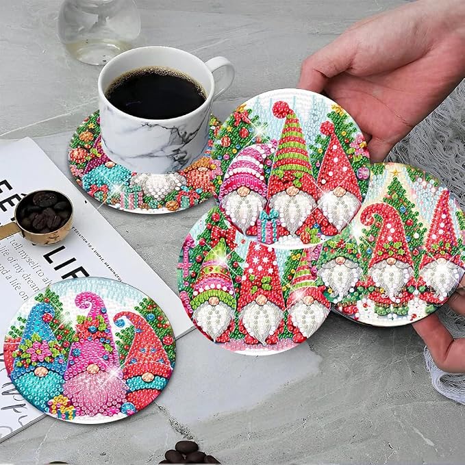 ijbnhd 8 PCS Christmas Diamond Painting Coasters | Christmas Gnome Diamond Art