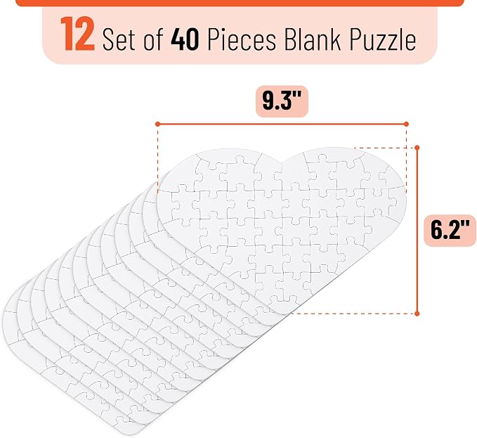 Mr. Pen- Blank Puzzle Bulk, 12 Pack, 40 Pieces/Pack, 9.3" x 6.2" | Heart Shaped
