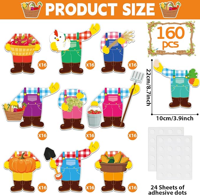 160Pcs Farm Animal Farmer Cutouts Back to School Bulletin Board Decoration Set