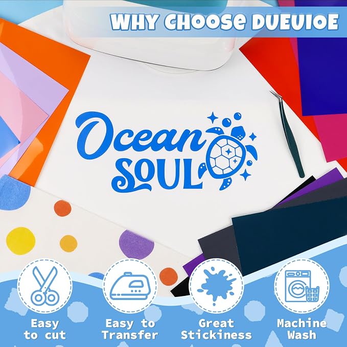 DUEUIOE PU Heat Transfer Vinyl 12 Pack 12"x10" Easy Cut & Weed Iron on HTV Vinyl