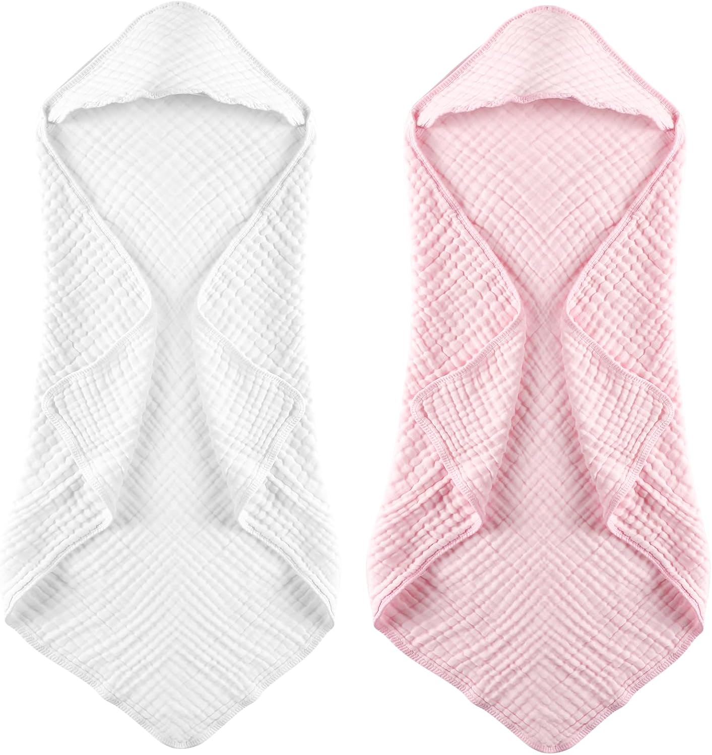 MUKIN Baby Hooded Towels, Muslin Cotton, 2-Pack, for Newborn, Infant, Toddler and Kids (White,Pink)