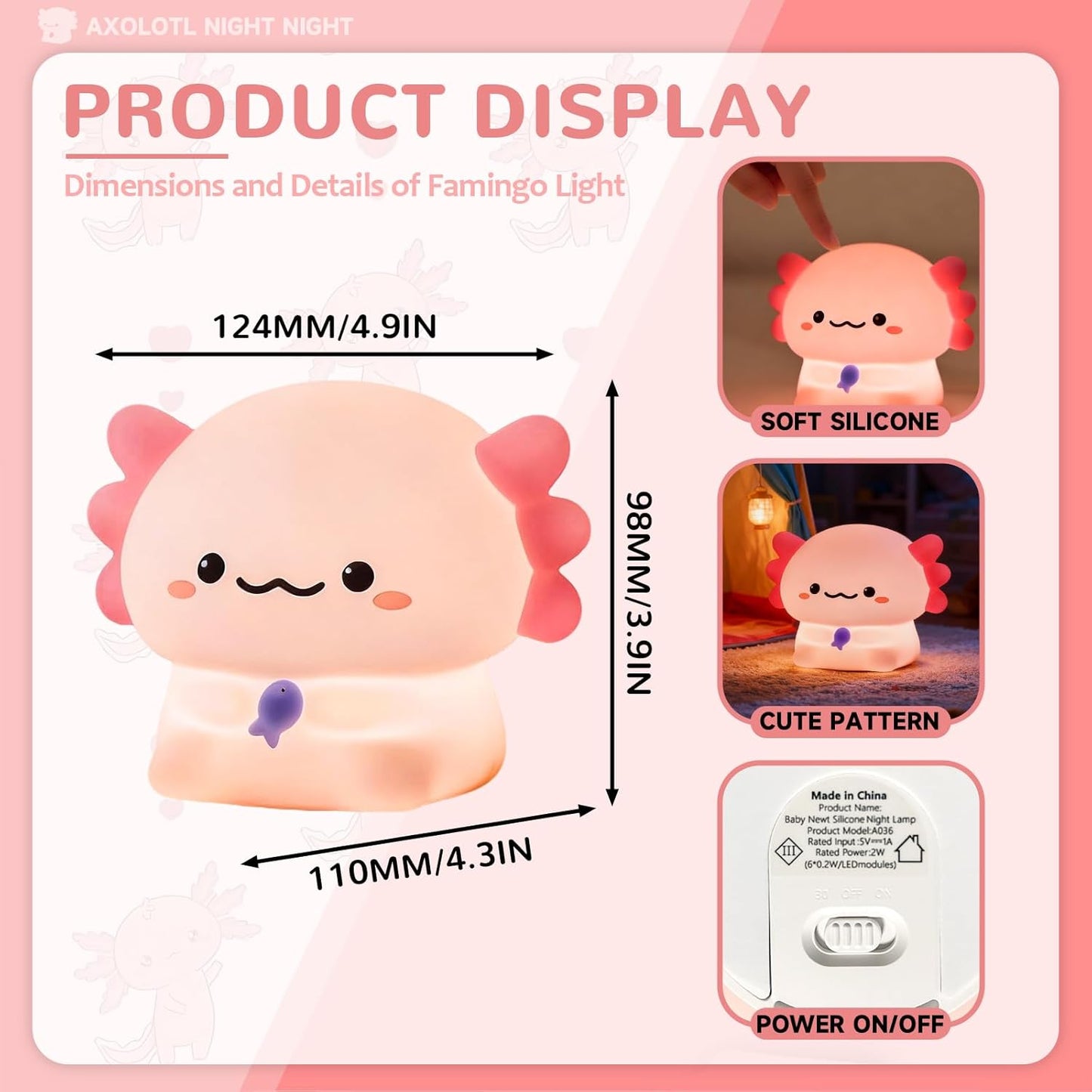Axolotl Night Light for Kids, Adjustable and Timed Silicone Night Lamp, Axolotl Lamp Room Decor for Nursery Bedroom Suitable for Girls Women