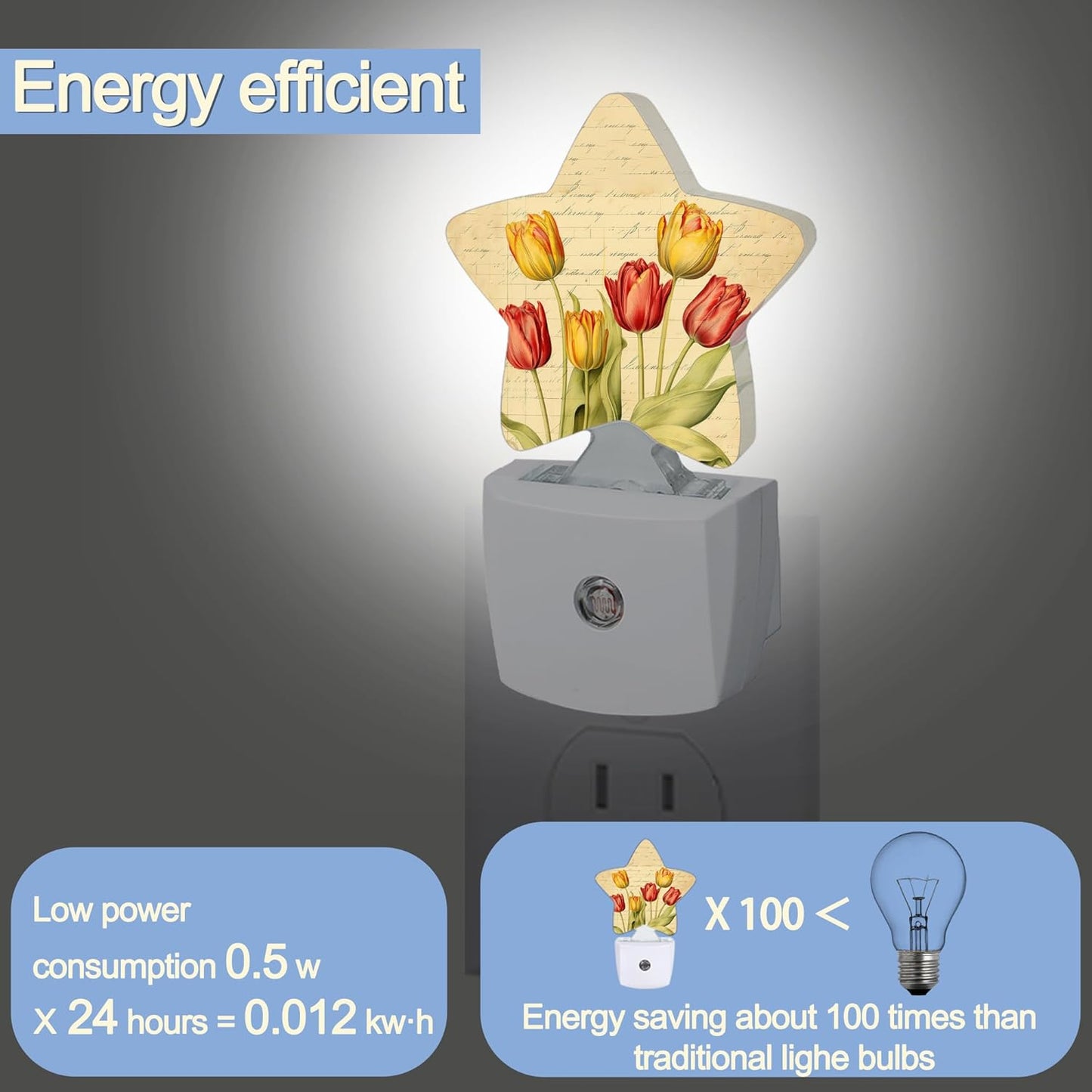 Vintage Tulips Nightlight,Spring Flowers Star Night Lights Plug into Wall Decorations for Bedroom Bathroom,Dusk to Dawn Sensor Kitchen Hallway Stairs Energy Efficient Desk Lamp
