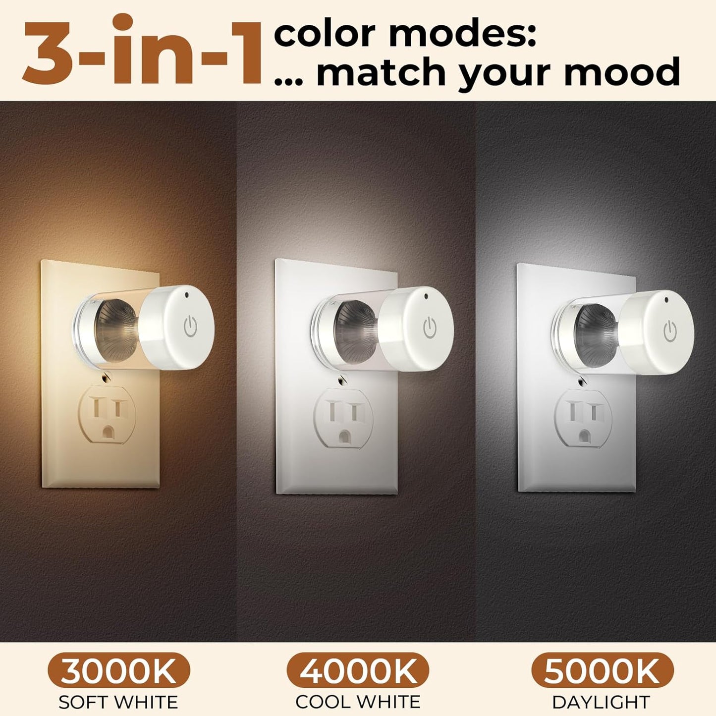 LED Night Lights,Dimmable Night Lights Plug into Wall with Dusk to Dawn Sensor,Touch Control 3-Color Temperature (3000K/4000K/5000K),Adjustable Brightness 100%-10%, for Bathroom,Nursery,Hallway,2 Pack