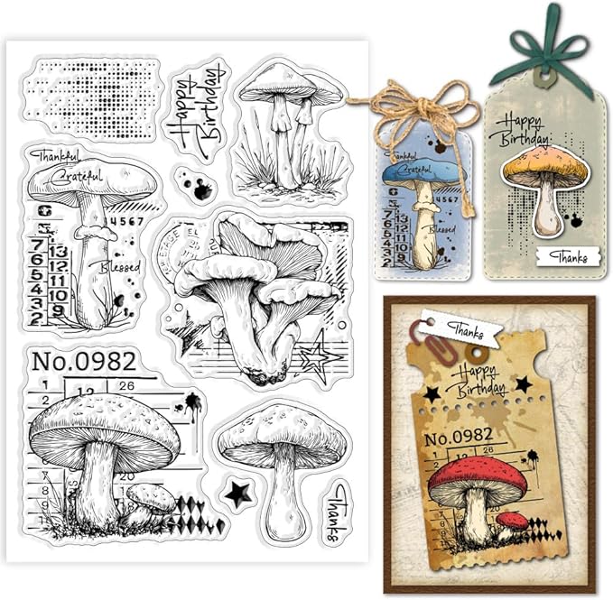GLOBLELAND Vintage Mushrooms Clear Stamps Retro Texture Silicone Clear Stamp