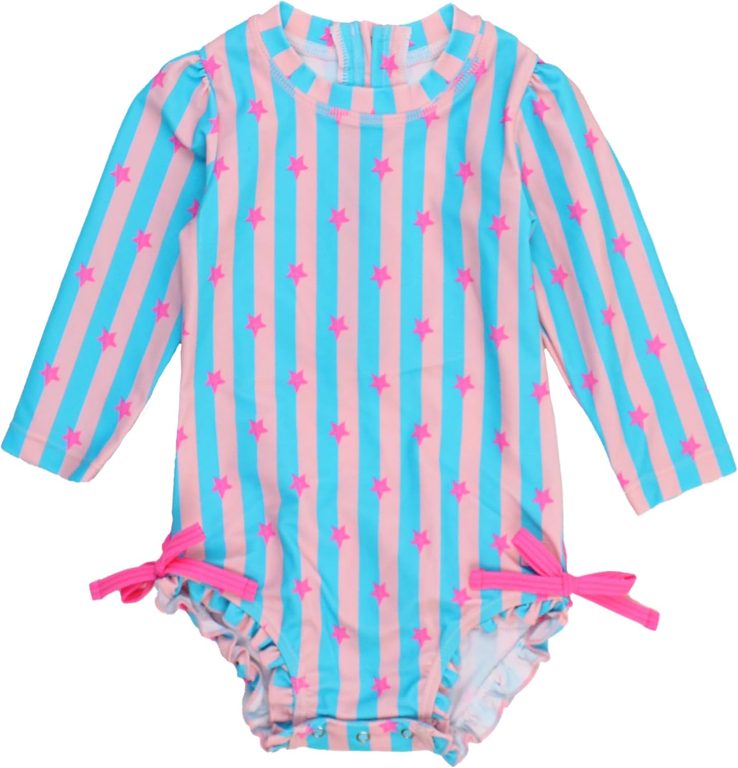 RuffleButts Baby Girls UPF 50+ Sun Protection Novelty Print Long Sleeve One Piece Rash Guard Swimsuit with Zipper