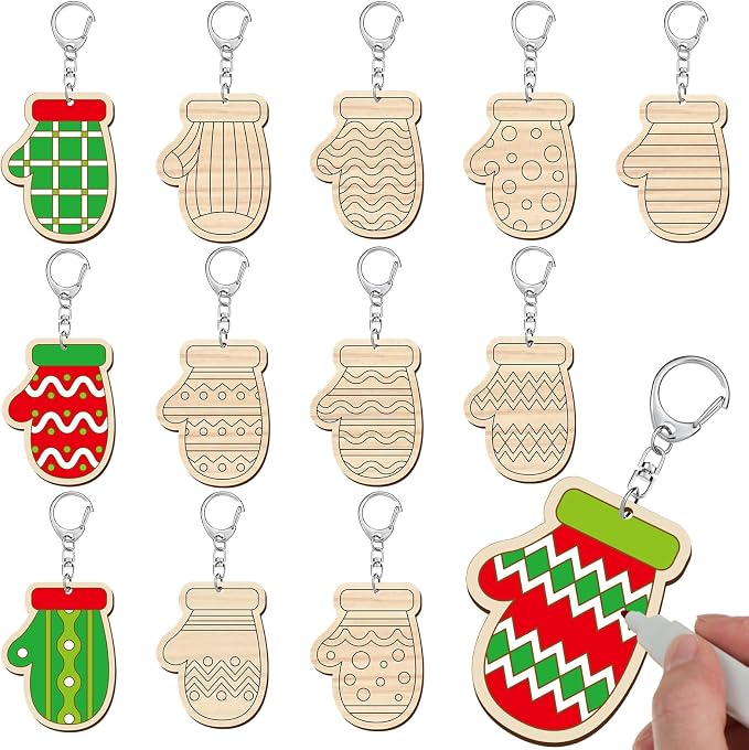 RattanView 24 Pcs Mitten Craft Color Your Own Keychains Diy Craft Wooden Blank