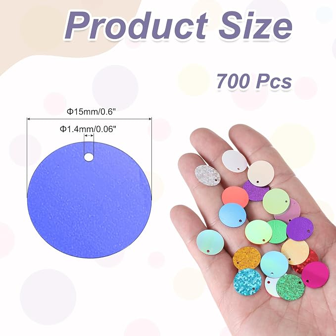 MECCANIXITY 700 Pcs Flat Round Sequins 15mm/0.6 Inch Loose Paillettes Craft