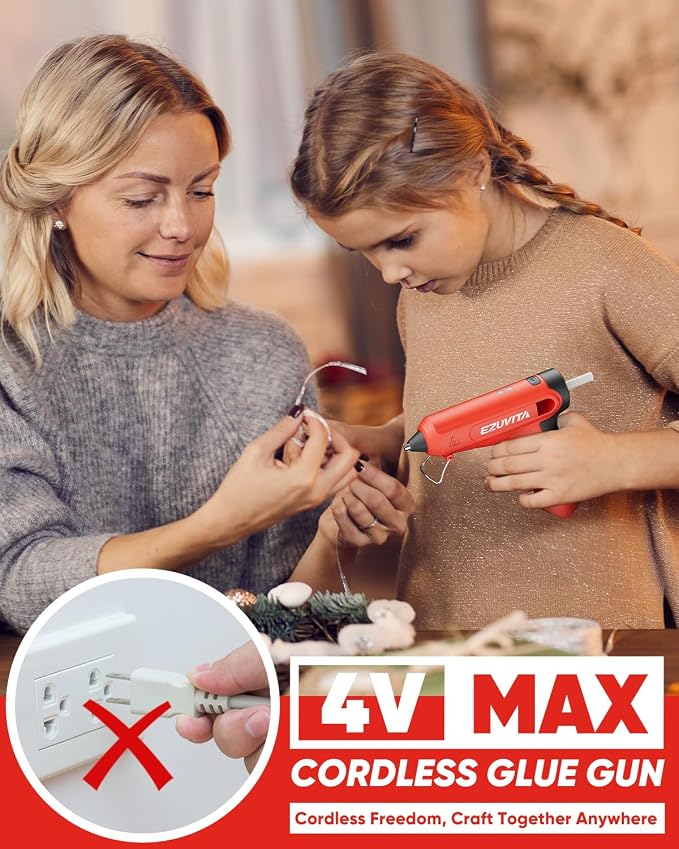 4V Red Cordless Hot Glue Gun Kit, 30-Piece Glue Sticks | 2600mAh Built-In
