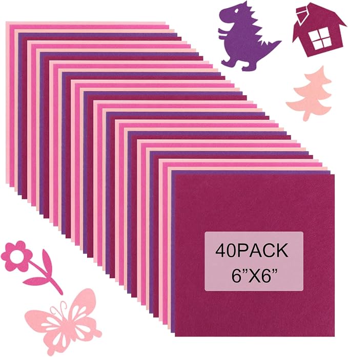 40 Pcs Stiff Felt Fabric Sheet for Crafts, 1mm Thick and 6”x6”Pink Series Felt
