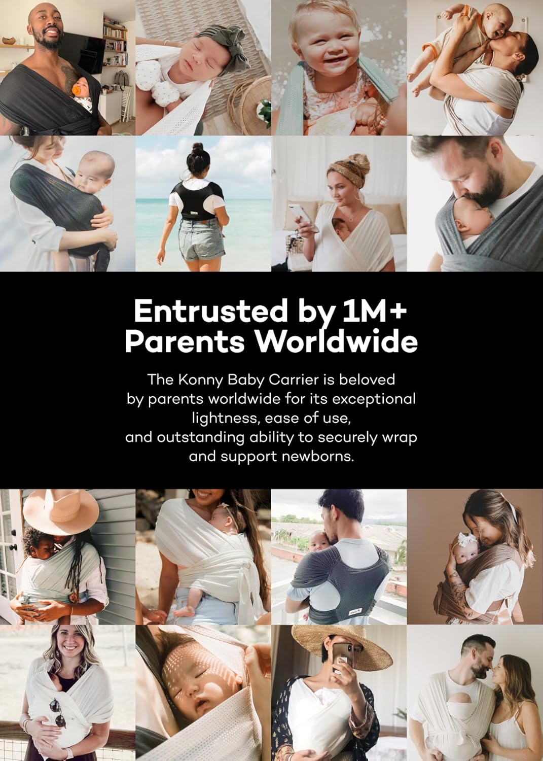 Konny Baby Carrier FLEX SoftBreeze with Head Support - Adjustable, Easy to Wear Baby Wrap Sling, Perfect for Newborn Babies Essentials up to 44 lbs (M-4XL) - Melange Grey