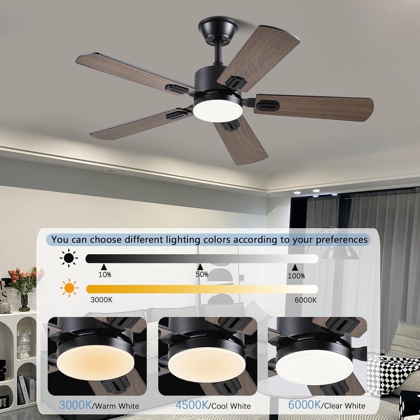 Ceiling Fans with Lights, 42 Inch Low Profile Ceiling Fan with App/Remote Control, DC Reversible Motor, Dimmable LED Ceiling Fans for Bedroom,Indoor/Outdoor Patio Use（Brown）
