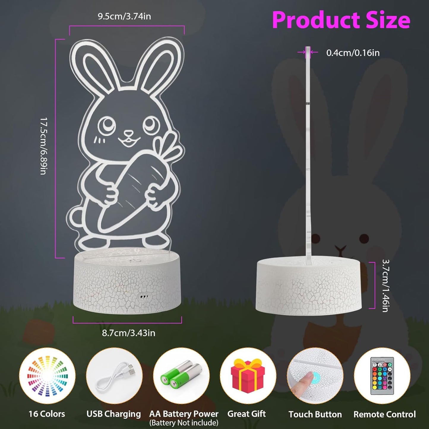 Cute Rabbit Night Light,Bunny 3D Lamp Girls Room Decor 16 Colors Changing for Kids Gifts for Christmas Birthday