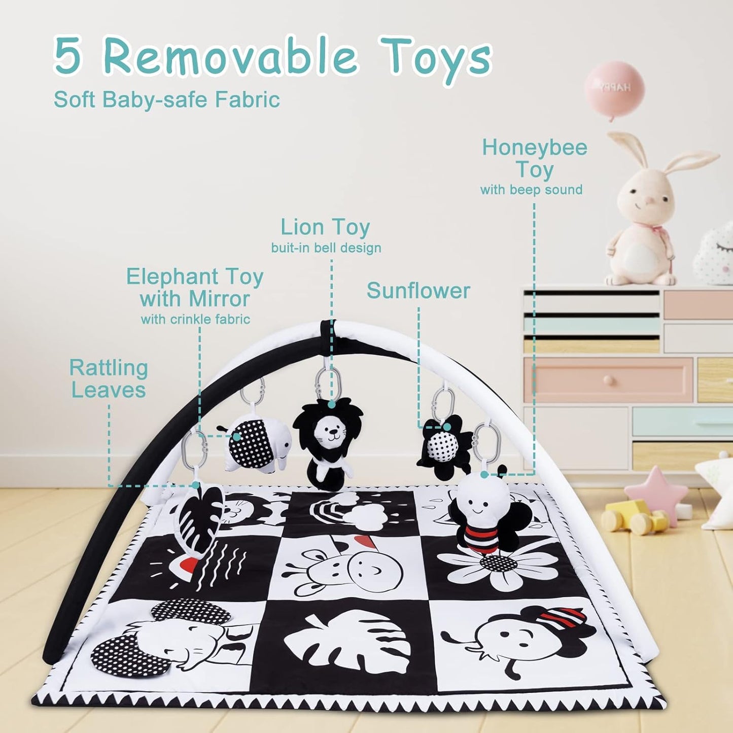 Lovvie & Joy Baby Play Activity Gym Tummy Time Mat for Infant,Baby Gyms & Playmats for Babies 0 to 3 6 9 12 Months with 5 Toys for Early Sensory Exploration and Motor Skill Development